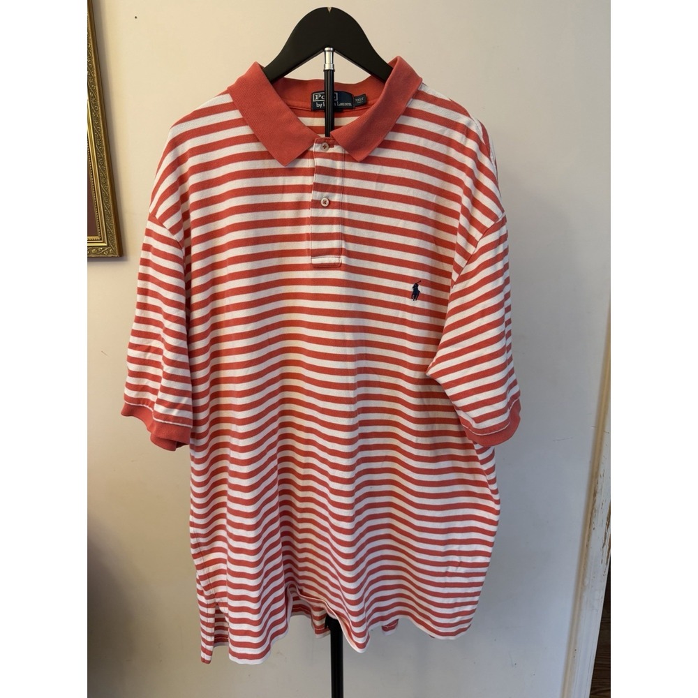 Polo Ralph Lauren Men 3XLT Tall Salmon White Striped Pique Polo Shirt Big & Tall